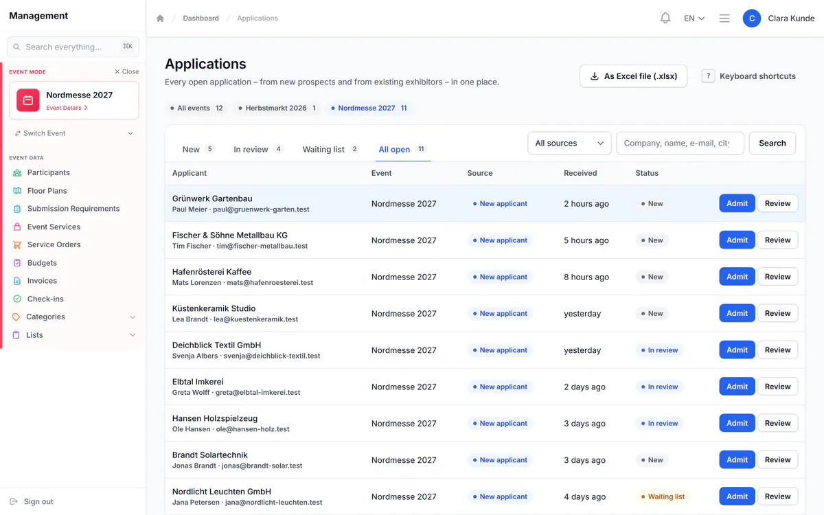 The PlanDocket application inbox with new applications and applications in review or on the waiting list for a sample trade fair.