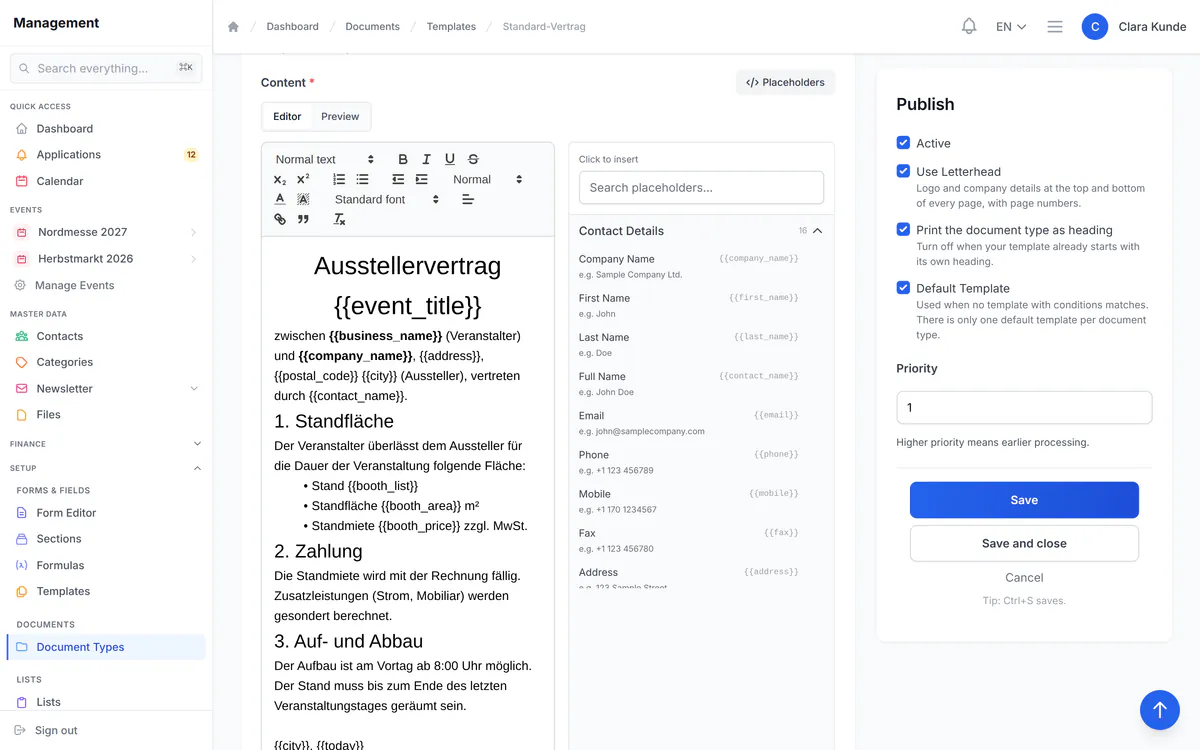 The PlanDocket template editor with a booth contract and inserted placeholders.