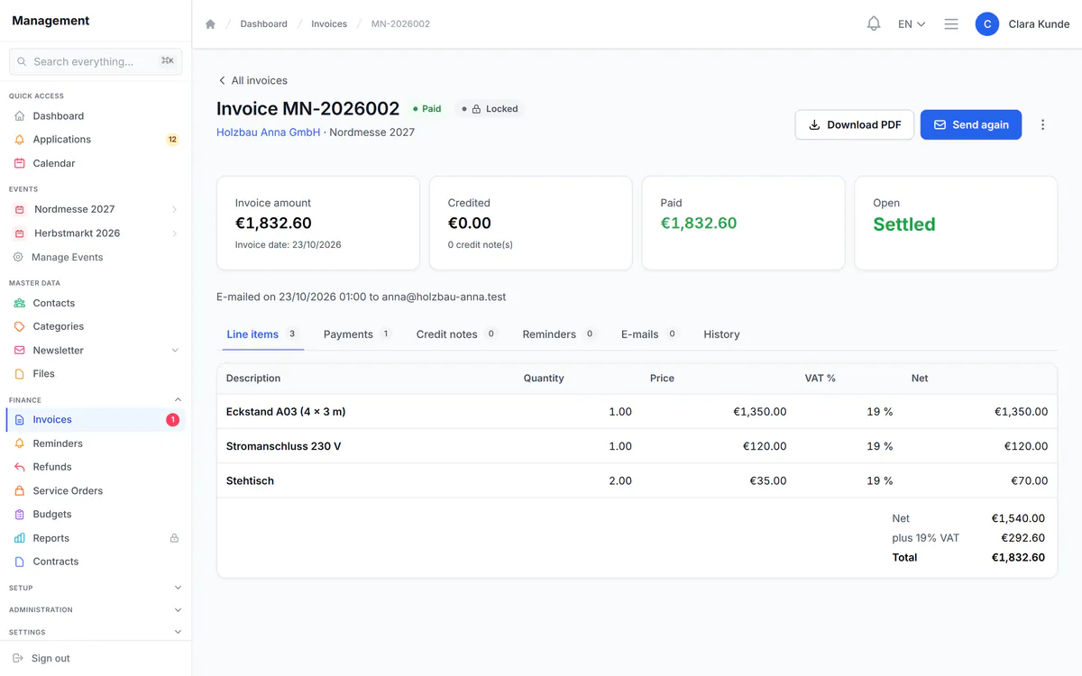 A paid sample invoice in PlanDocket with line items for booth rent and extra services.