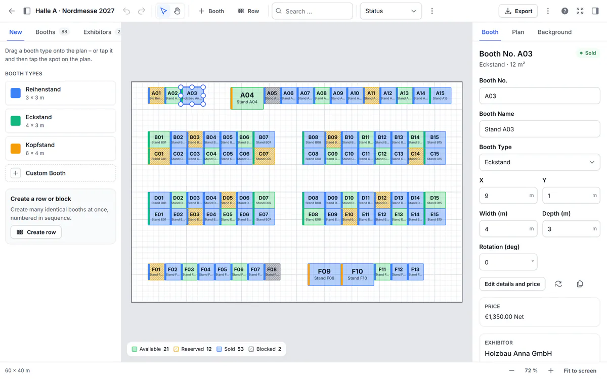 The PlanDocket floor plan editor with colour-coded booths in a sample hall.