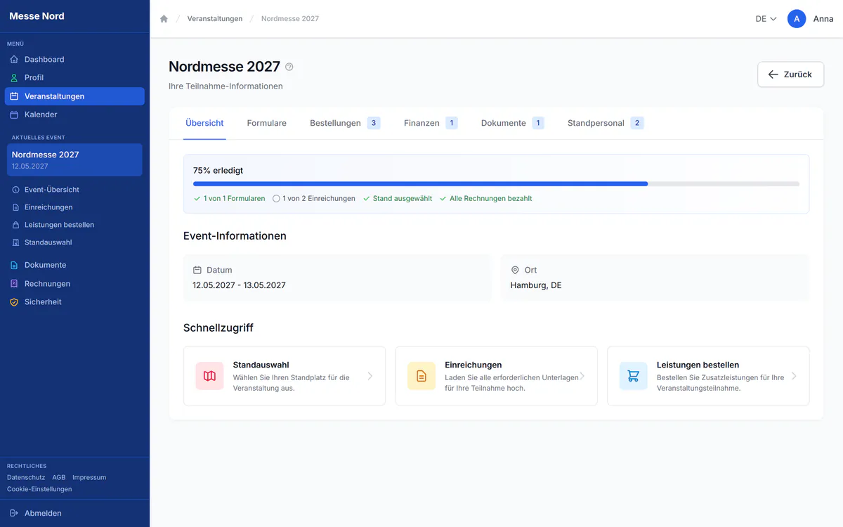 Die Veranstaltungsübersicht im Ausstellerportal mit Status, Stand, Leistungen und Rechnungen eines Beispielausstellers.